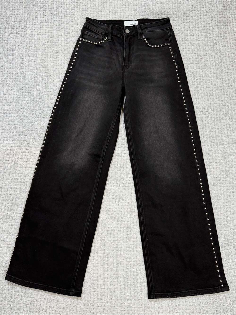 Olivia High Rise Silver Dome Nail Head Detailed Wide Leg Jeans by Vervet 27 - Picture 2 of 16